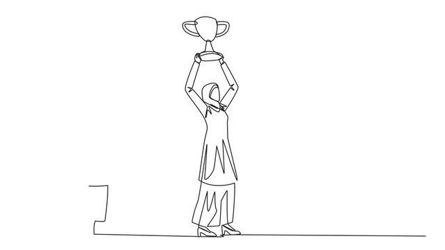 Animation of single continuous line drawing Arab businesswoman stands lifting trophy. Business friends prepare to stab in the back. Unhealthy business competition. The traitor. Full length motion