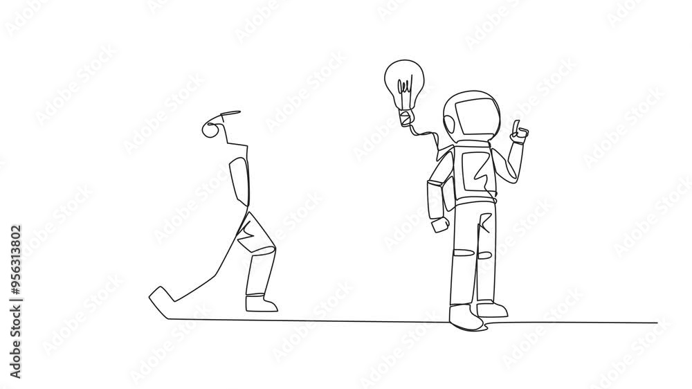 Aufkleber animation of continuous one line drawing astronaut who comes up with an idea. a brilliant idea that 