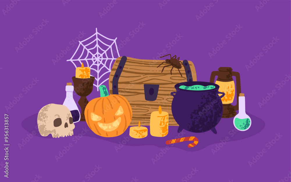 Wall mural Halloween composition. Spooky old witch cauldron for witchcraft, alchemy. Scary Helloween decorations on still life: creepy pumpkins, skull, poison. Flat isolated hand drawn vector illustration