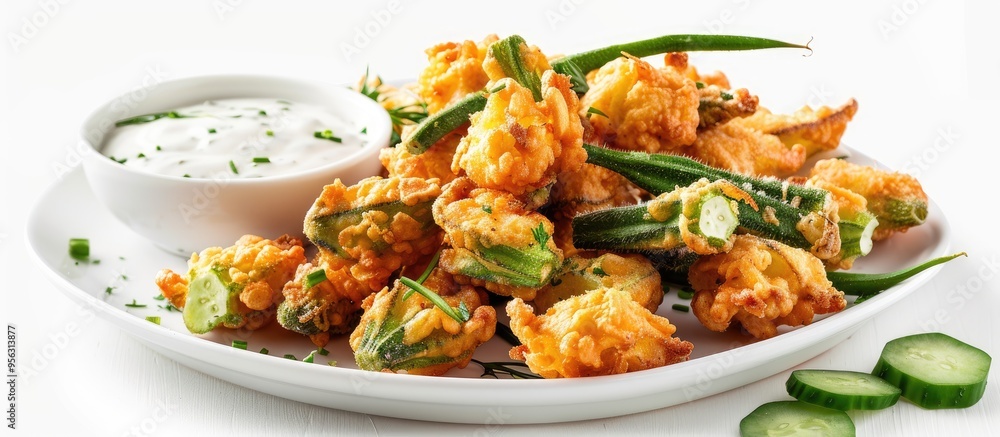 Poster healthy snacks featuring fried okra tempura served with a delectable yogurt sauce perfect for any sn