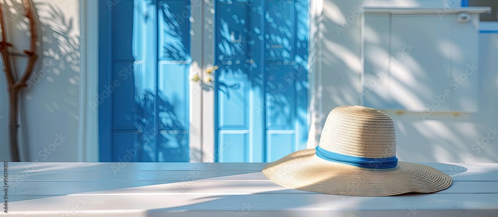 Poster White table displaying a summer hat with a Greek home interior background offering ample copy space image