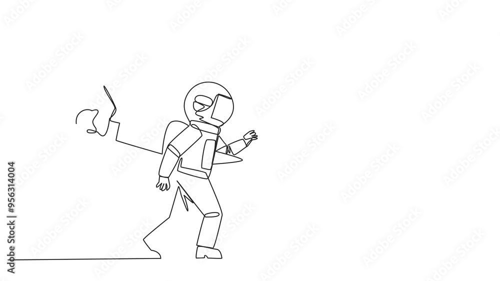 Poster animated self drawing of continuous line drawing astronaut stabbed in the back by a large knife. che