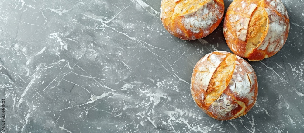 Poster Cheese bread on a marble table viewed from the top with a space available for your text or image. Creative banner. Copyspace image