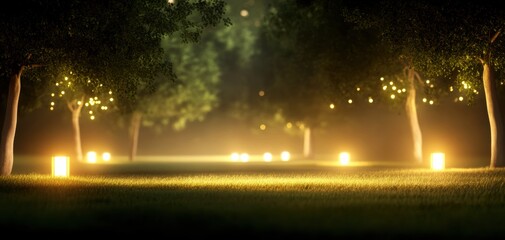 A serene evening scene in a park with glowing lanterns and twinkling lights among lush trees, creating a magical atmosphere.