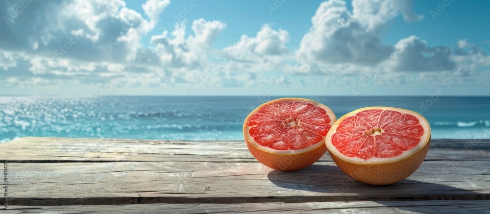 Poster fresh grapefruit halves on a wooden table with a backdrop of sea and sky provide a scenic copy space