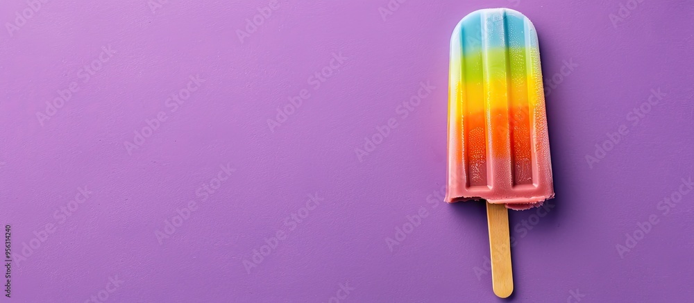 Poster Minimal summer concept featuring Ice cream stick and Rainbow Popsicle on a purple background designed with space for text with copy space image