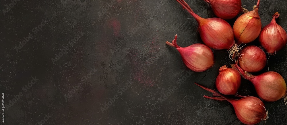 Poster homegrown sprouted onions on a dark backdrop with a copy space image on top showcasing this raw eco 