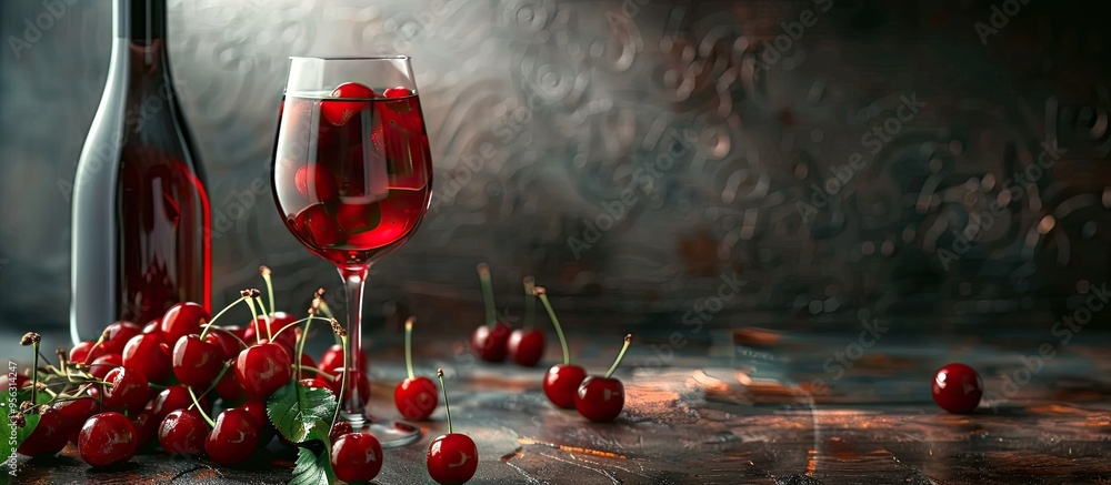Aufkleber homemade cherry wine or liquor with ripe red cherries on table for copy space image