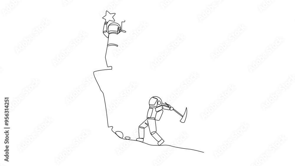 Poster self drawing animation of single line drawing astronaut standing on a cliff lifting a star. an envio