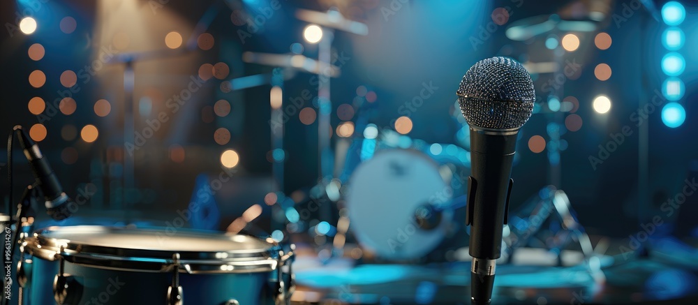 Poster concert themed modern stage set up with drums and microphone in the foreground ready for a musical p
