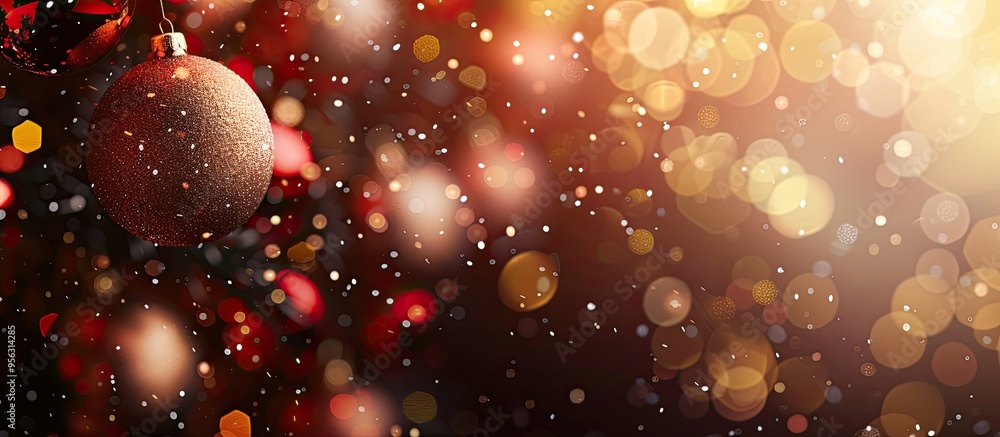 Poster banner design featuring christmas balls set against a blurred background with a bokeh effect providi