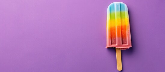 Minimal summer concept featuring Ice cream stick and Rainbow Popsicle on a purple background designed with space for text with copy space image