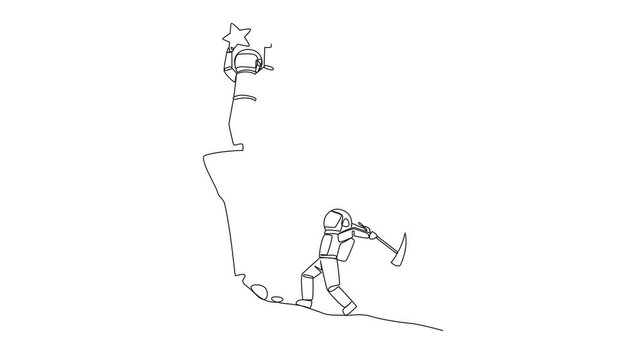 Self drawing animation of single line drawing astronaut standing on a cliff lifting a star. An envious friend, eating away at success from the inside to fall down. The traitor. Full length animated