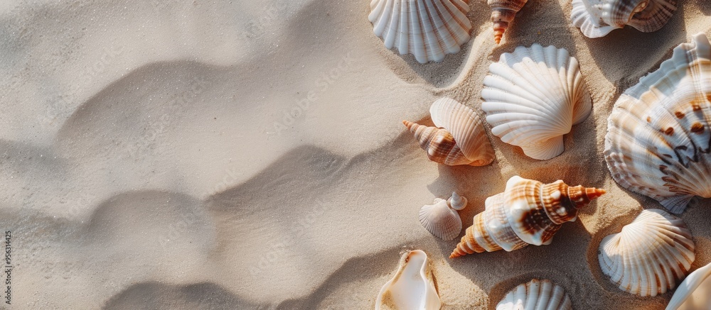 Fototapete Top down view of seashells on sandy beach with copy space for your own image