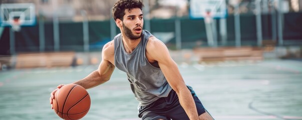 Naklejka premium Young male basketball player in action, dribbling on an outdoor court against a sunset backdrop.