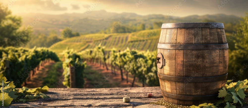 Poster Empty wooden wine barrel with a vineyard background serves as a copy space image for a product concept allowing for food drink and object placement