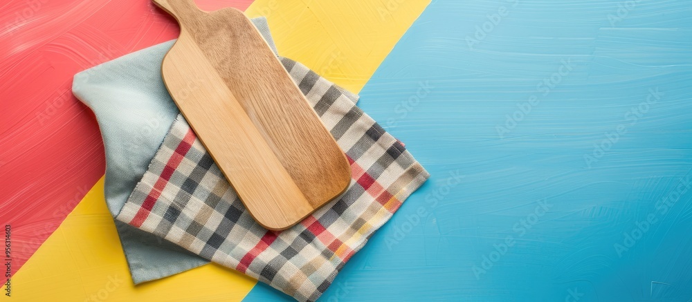Fototapete top view of a cutting board with a napkin on a colorful background perfect for copy space image