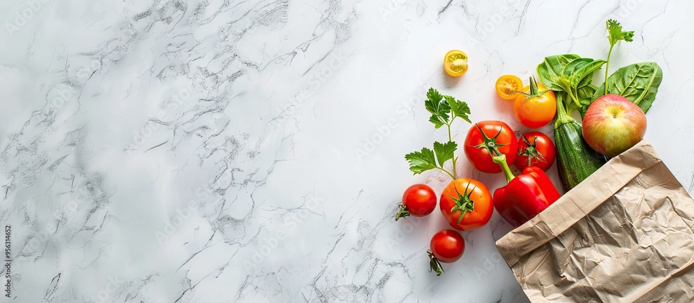 Aufkleber fresh fruits and vegetables in a paper bag showcased on a white marble backdrop in a flat lay style 