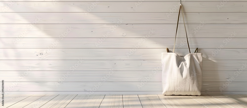 Poster A fabric bag is displayed on a wooden hanger against a white board wall in the cottage featuring no plastic elements Ample copy space image is available