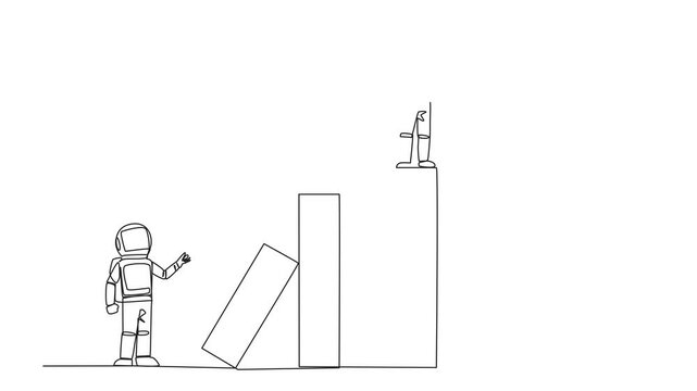 Animation of continuous one line drawing the astronaut standing on the bar lifting money bag. Fake partner. The envy friend. Sabotage happiness. The traitor on office. Full length motion