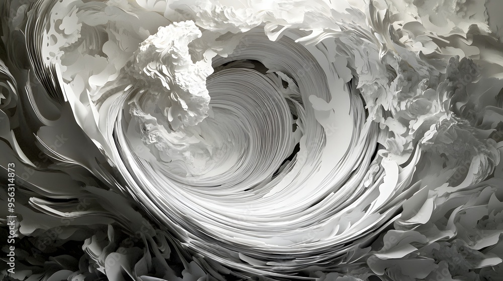 Poster 47. a dynamic, swirling composition of paper cuts with varying degrees of transparency and depth