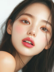 Naklejka premium A stylish Korean model showcases elegance with large eyes and wavy hair, embodying modern fashion photography.