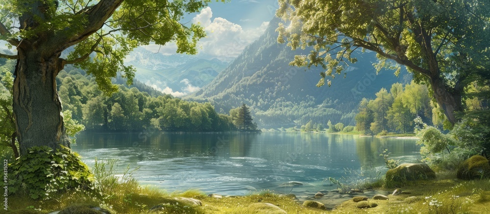 Poster scenic summer landscape with greenery trees river creating a picturesque panoramic view perfect for 