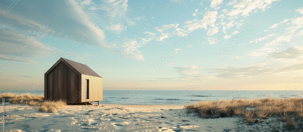 Poster a polyester structure like a cabin or shed situated on the sandy beach with ample copy space image