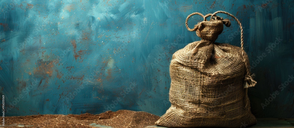 Aufkleber Blue backdrop with an empty hemp sack perfect for copy space image