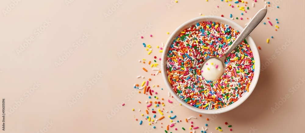 Poster Colorful sprinkles in a bowl with a spoon on a beige background with copy space image for customization