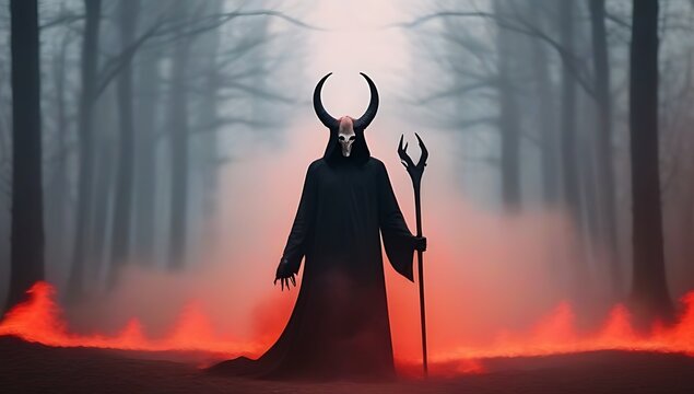 grim reaper horns lurks forest capturing halloween concept themes baphomet lucifer demons surrounded red fire smoke hellish landscape