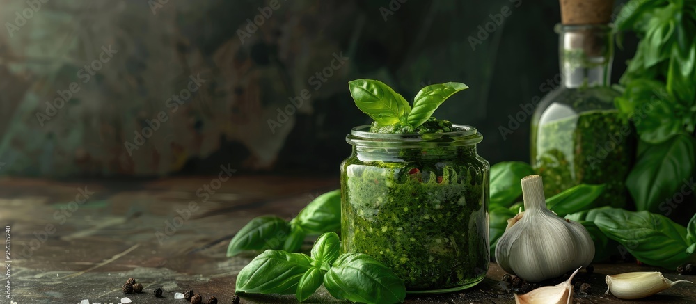 Poster fresh basil leaves and garlic are arranged around a glass jar of pesto sauce in a visually appealing