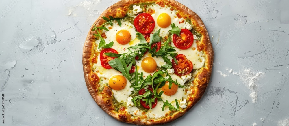 Poster top down view of roman pizza topped with mozzarella tomatoes pesto and fresh arugula on a gray backd
