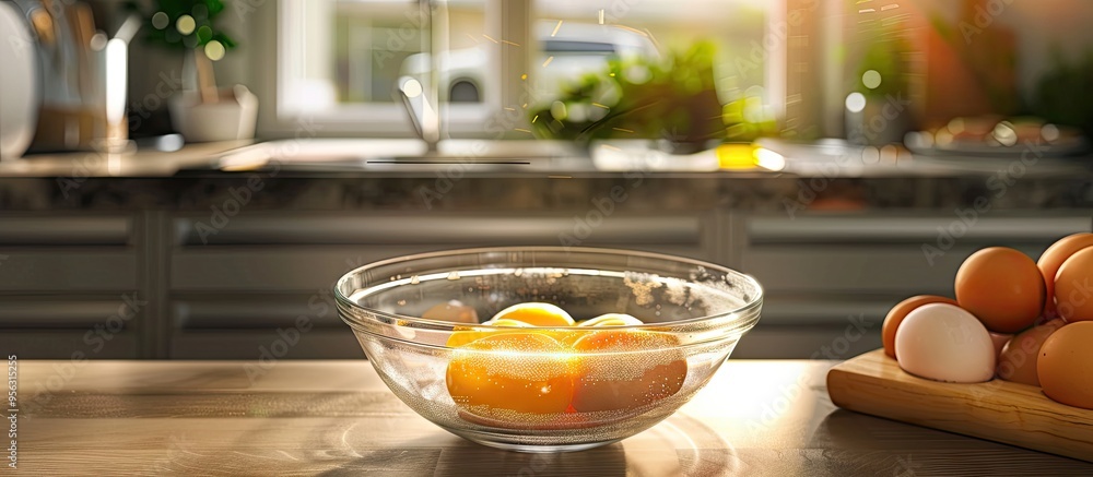 Aufkleber Preparing a cake with fresh egg yolks in a glass bowl on a kitchen table creating a nice scene for a copy space image