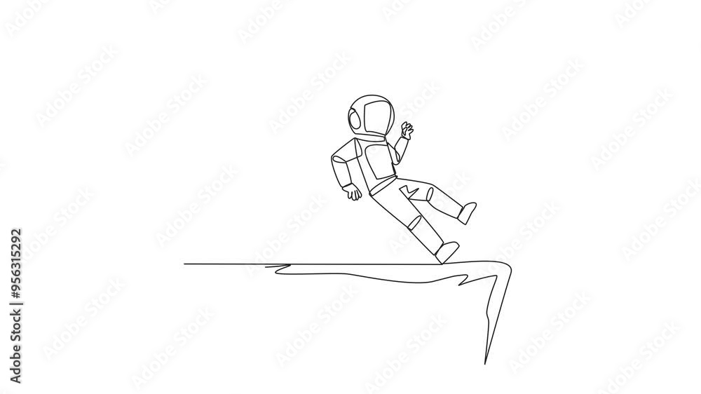 Poster self drawing animation of single one line drawing astronaut standing on the edge of a cliff. somethi