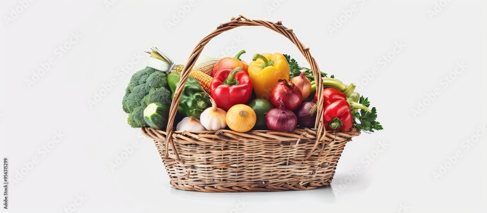 Poster basket filled with a variety of fresh vegetables creating a vibrant display against a white backgrou