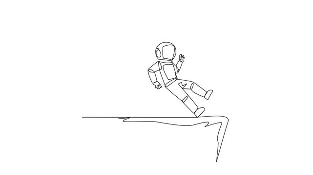 Self drawing animation of single one line drawing astronaut standing on the edge of a cliff. Something big wants to bring down business. Invisible enemy. Bring down competitor. Full length animated