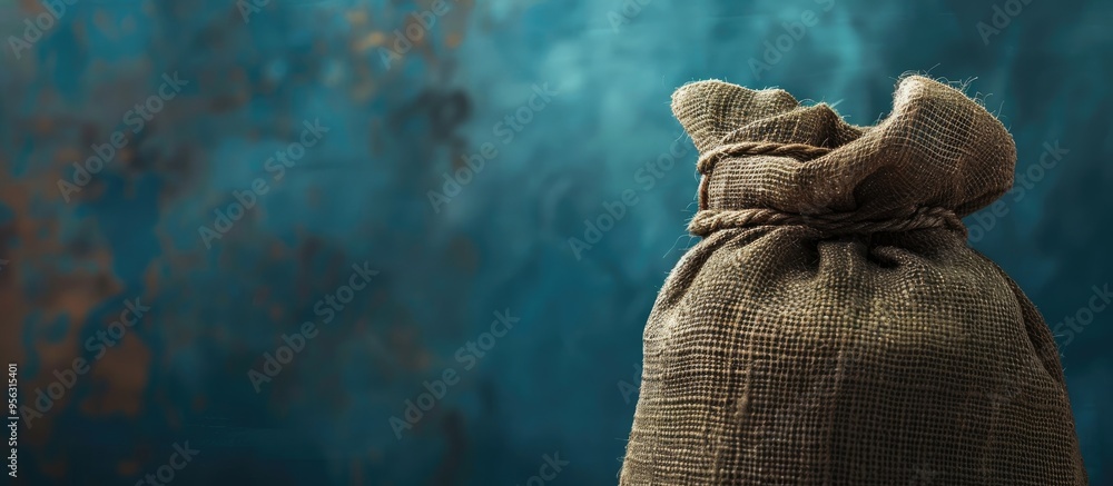 Poster blue backdrop with an empty hemp sack perfect for copy space image