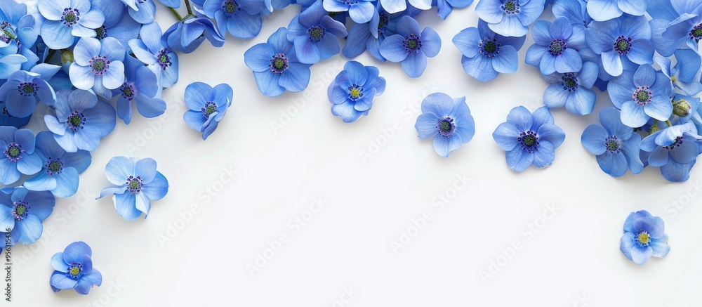 Aufkleber Top view of forget me not flowers on a white background with empty space for your text in an image. Creative banner. Copyspace image