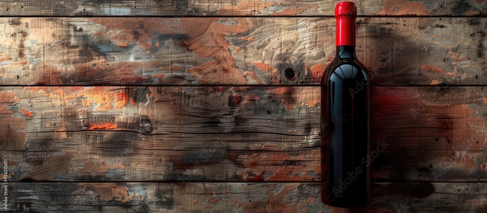 Aufkleber Red wine bottle displayed on a rustic wooden surface with copy space image