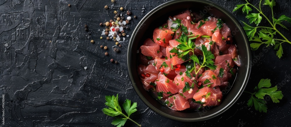 Poster Top view of canned tuna garnished with fresh herbs displayed on a dark background with ample copy space image