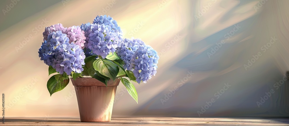 Aufkleber blue and lilac hydrangea flowers in a pot with space to add text or images. creative banner. copyspa