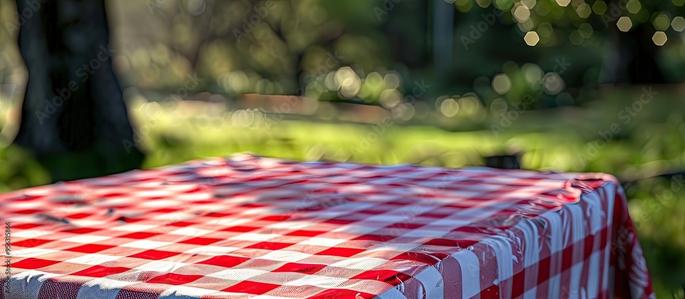 Leinwandbilder picnic table set with red checkered tablecloth on outdoor table with copy space image available