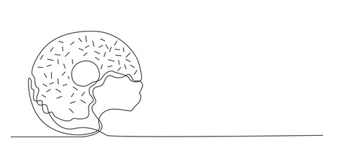 one continuous line bitten donut.one line donut drawing.one line bakery concept.single line vector illustration.isolated white background