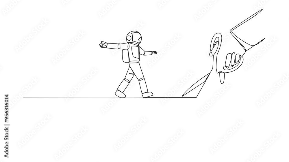 Poster animated self drawing of continuous one line drawing the astronaut walking across on tightrope. a me
