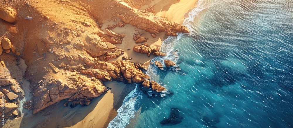 Fototapete Top view of a rocky seashore with sandy texture and yellow desert dunes in the background ideal for showcasing summer products with a copy space image