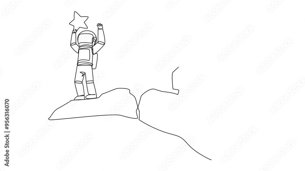 Poster self drawing animation of single continuous line drawing the astronaut standing on the edge of a cli