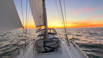 Rear behind look from the bow of a sailboat sailing during sunset sunrise at sea, looking across the deck to the stern with sails, mast and rigging