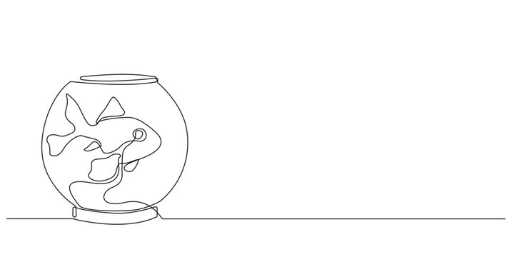 recommend clip art: one continuous line gold fish inside round aquarium.one line drawing of pet gold fish.single line vector illustration.isolated white background