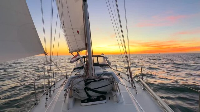 Rear behind look from the bow of a sailboat sailing during sunset sunrise at sea, looking across the deck to the stern with sails, mast and rigging